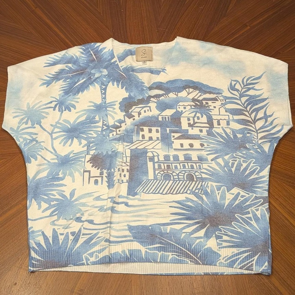Sioni Tropical Scene Crop Top Womens Blue Excellent Palm Tree V-Neck Knit M
